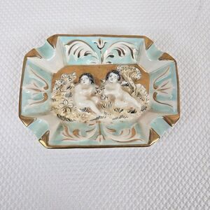 Vintage Italy Capodimonte Turquoise Porcelain Ashtray Cherubs Gold Leaf